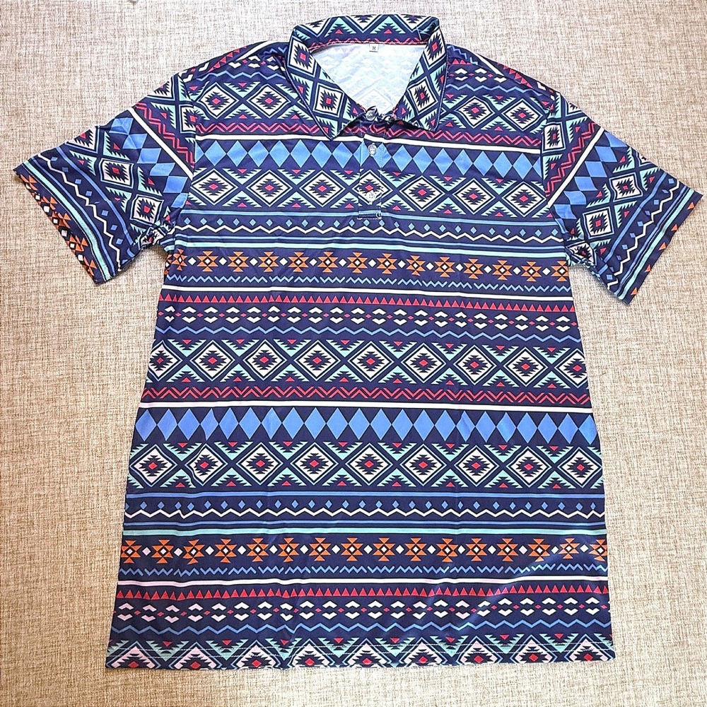 Mens Southwestern Tribal Print Polo Shirt Blue Geometric Short Sleeve Size M